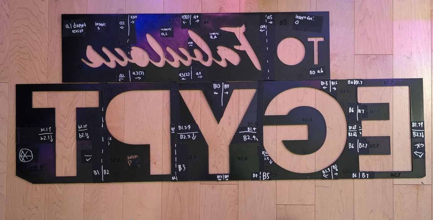 A stencil that reads 'Welcome to fabulous Egypt, used in the show Jospeph and the Amazing Technicolor Dreamcoat'