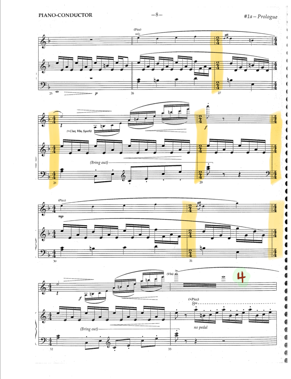 The score from Beauty and the Beast, which shows highlighted portions, where cues for the narrator's lines are to be played.