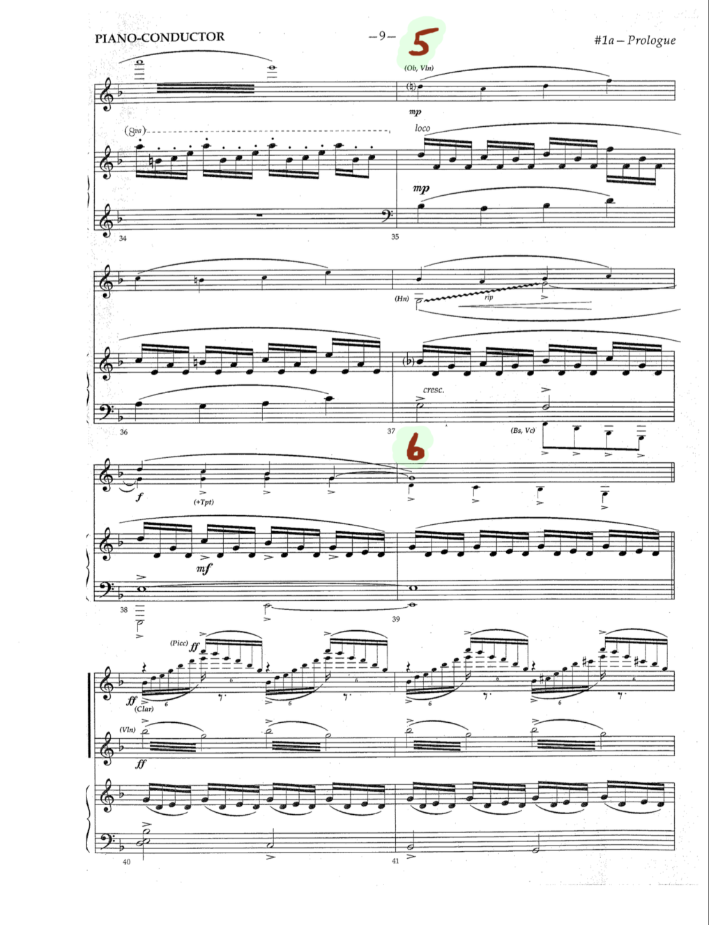 Page two of the score from Beauty and the Beast, which shows highlighted portions, where cues for the narrator's lines are to be played.