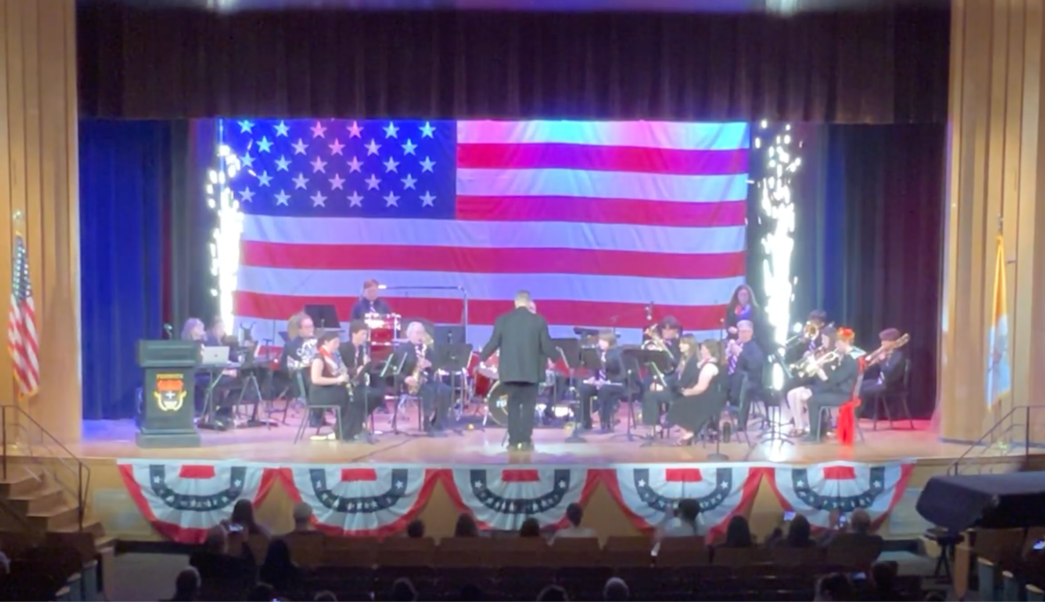 Two cold spark machines firing during a Fenwick Band concert.