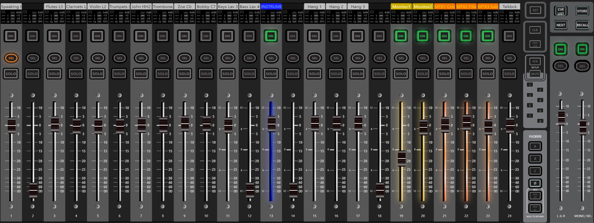 A screenshot of Soundcraft SI Offline Impact, running a show file for a Fenwick Band Concert. It shows (from left to right) A mic used for speaking in between songs, microphones for each instrument/family, a VCA controlling all instruments, area mics, different output busses, and a talkback mic.