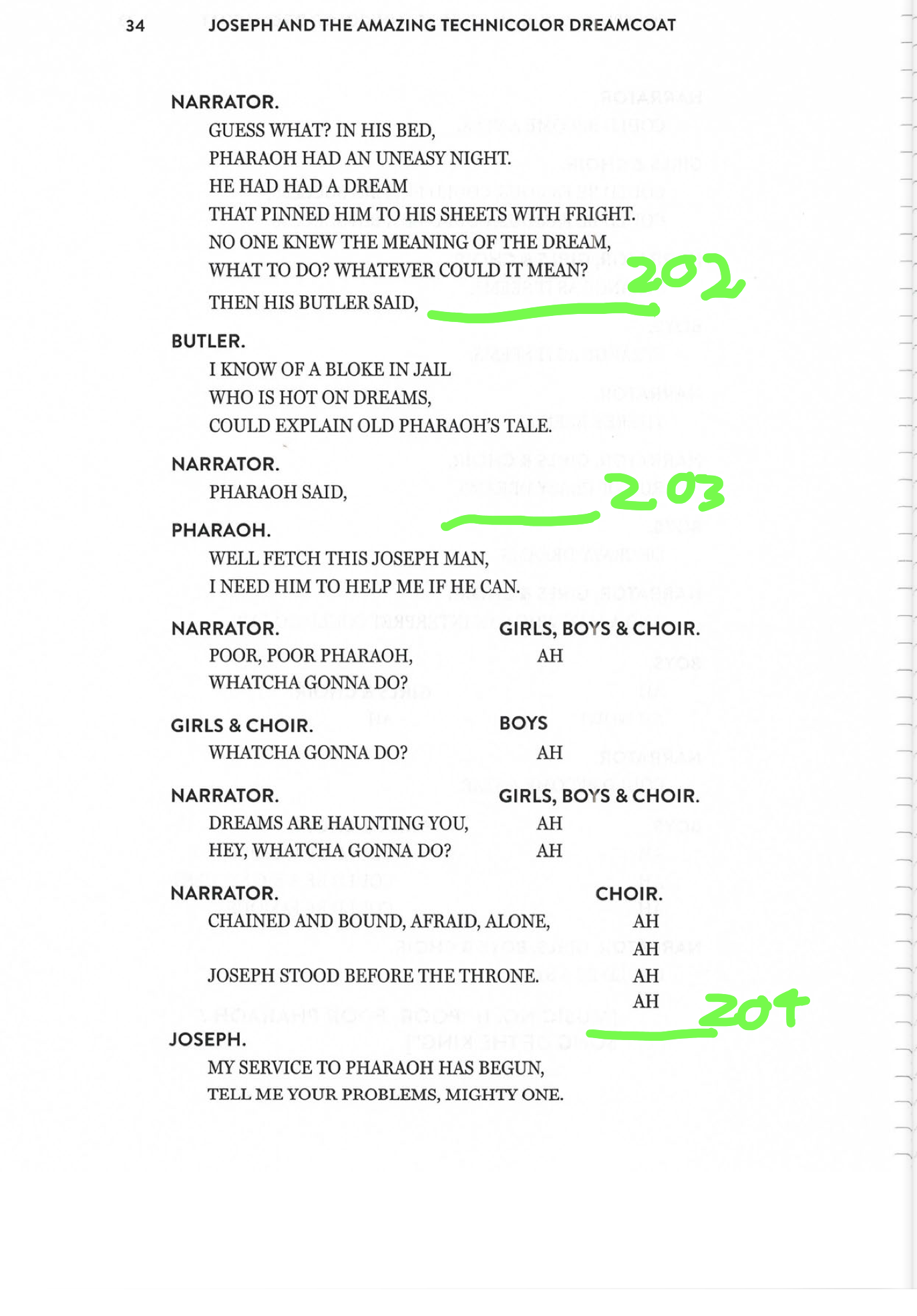 Page two of an annotated script for Joseph and the Amazing Technicolor Dreamcoat, which shows when cues should be fired, and a VCA should be turned on/off