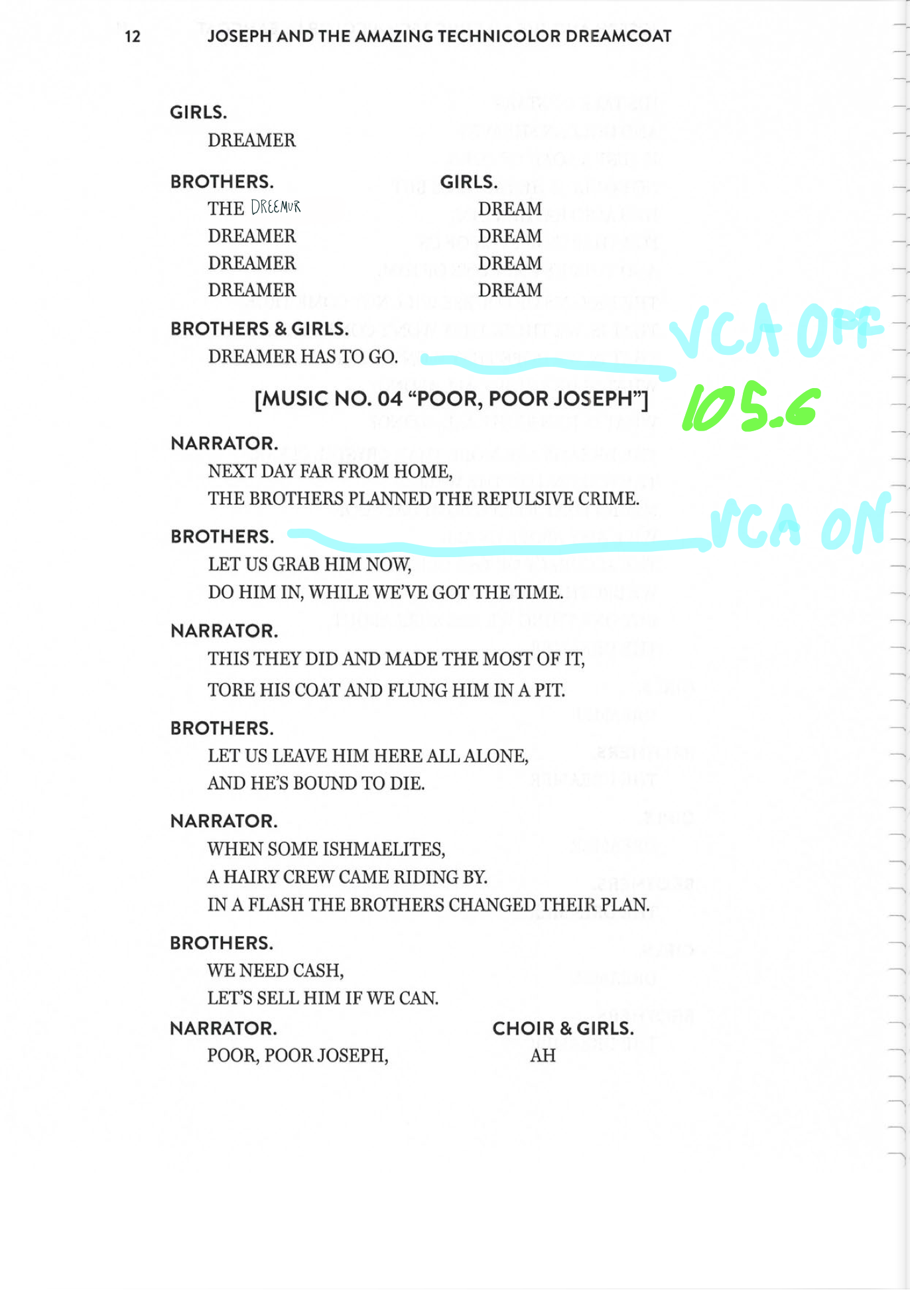 An annotated script for Joseph and the Amazing Technicolor Dreamcoat, which shows when cues should be fired, and a VCA should be turned on/off
