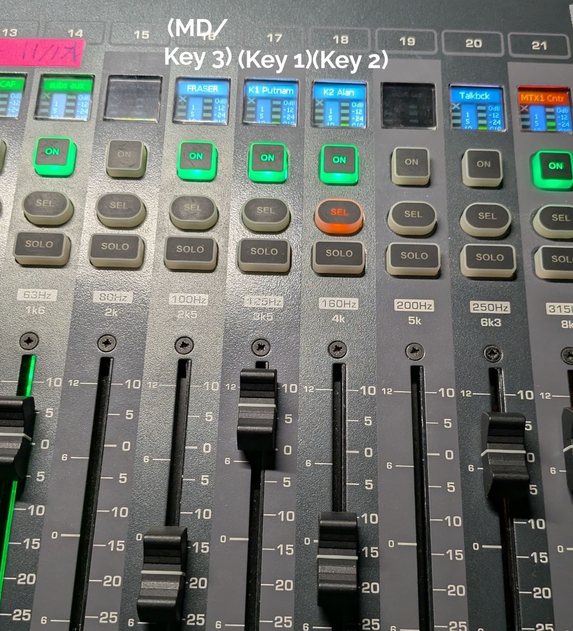 A Soundcraft SI Impact, with three faders shown. Above them, the captions of each fader says (left to right): MD/Key 3, Key 1, Key 2.