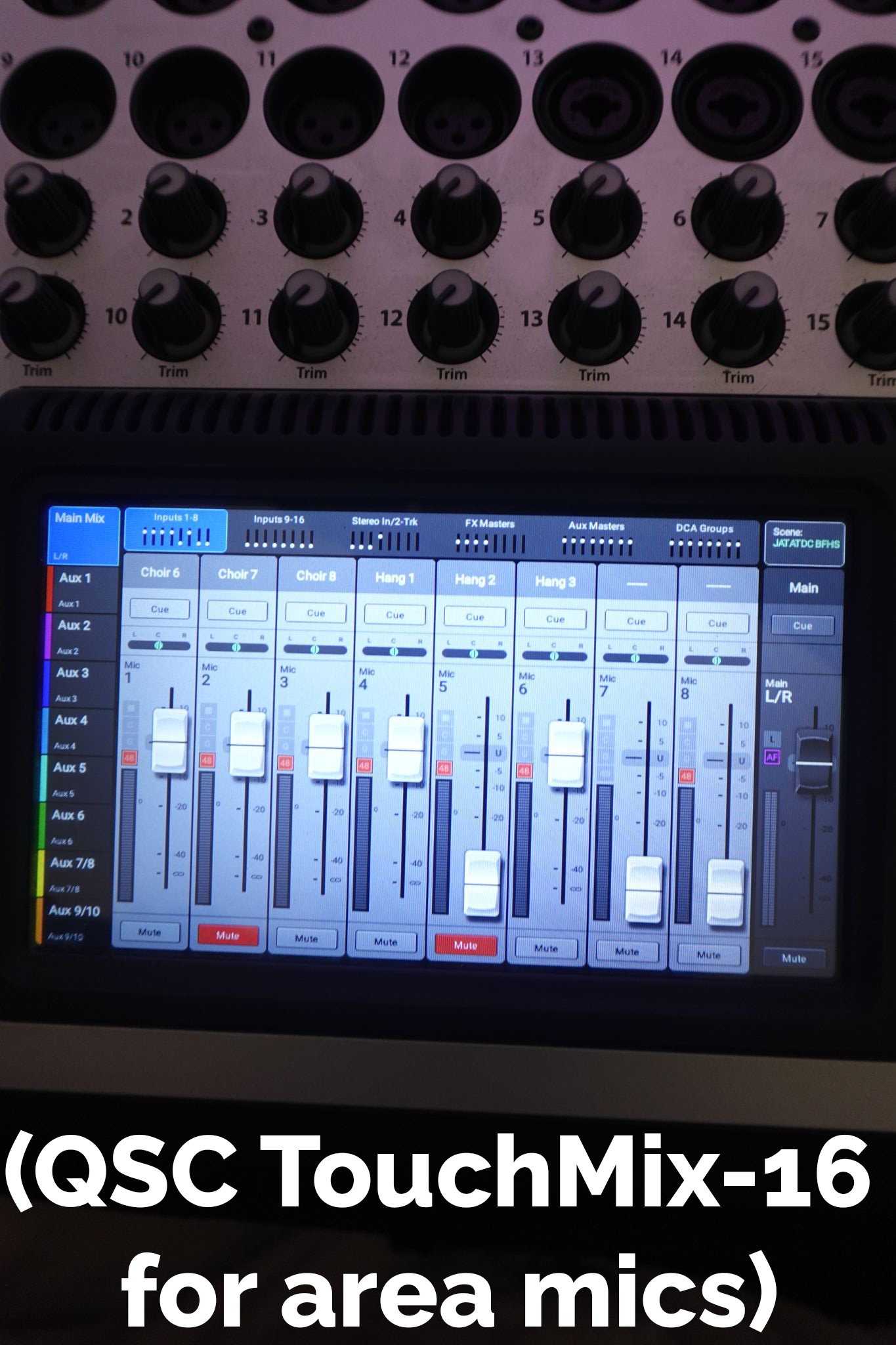 A QSC TouchMix-16 used to mix area mics. the caption reads '(TouchMix-16 for area mics)'