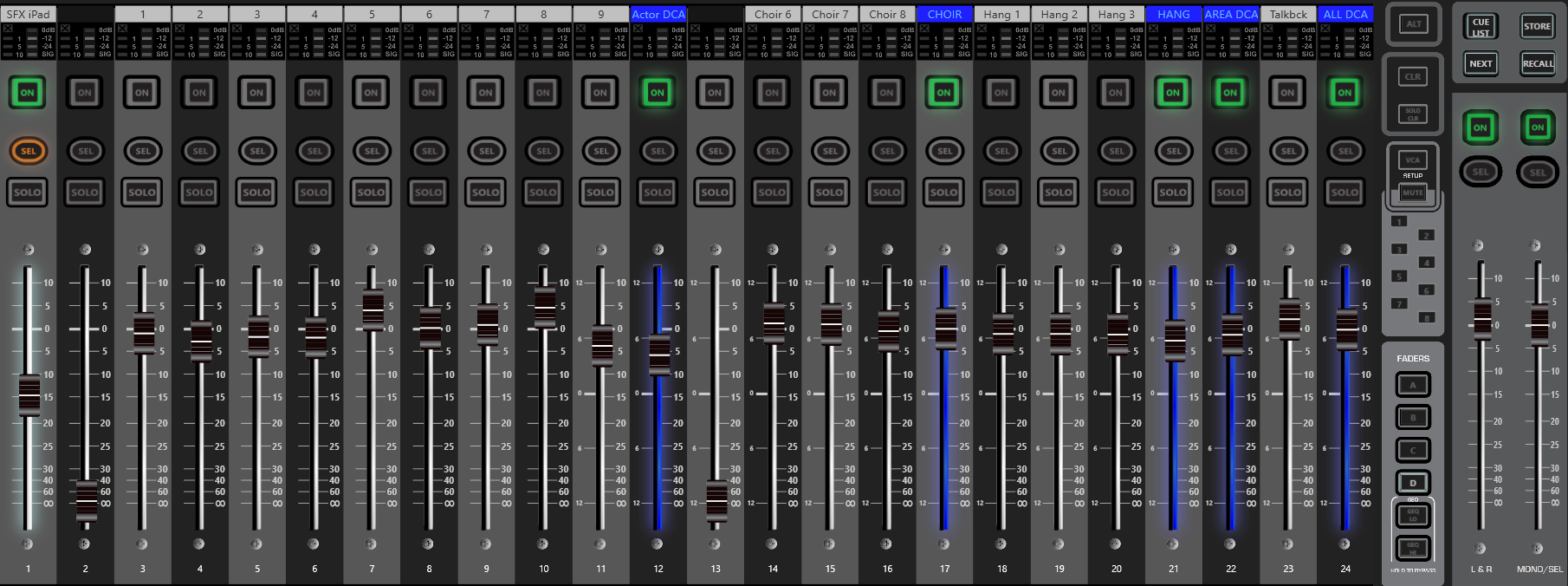 A screenshot of a Soundcraft SI Impact, showing a board layout with (left to right) an iPad for audio playback, 8 mic channels, a VCA and area mics, with VCAs controlling them.