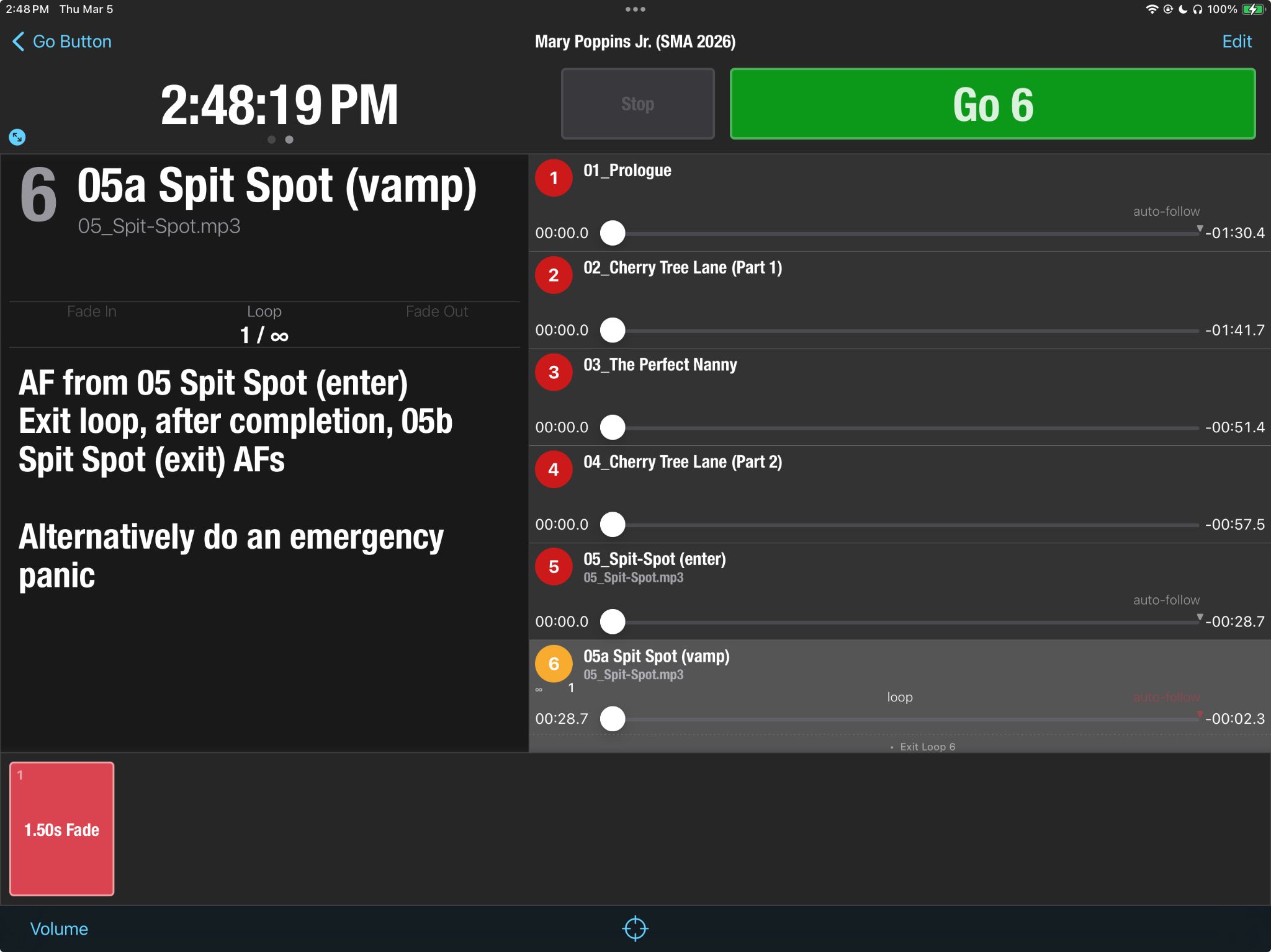 A screenshot of an iPad running Go Button, showing backing track cues for Mary Poppins Jr.