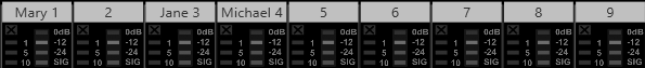 A second snapshot of a Soundcraft SI Impact's electronic scribble strip, showing actors assigned to fewer channels