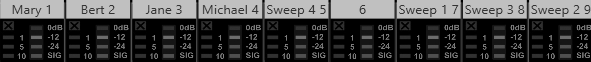 A third snapshot of a Soundcraft SI Impact's electronic scribble strip, showing different actors assigned to each mic channel