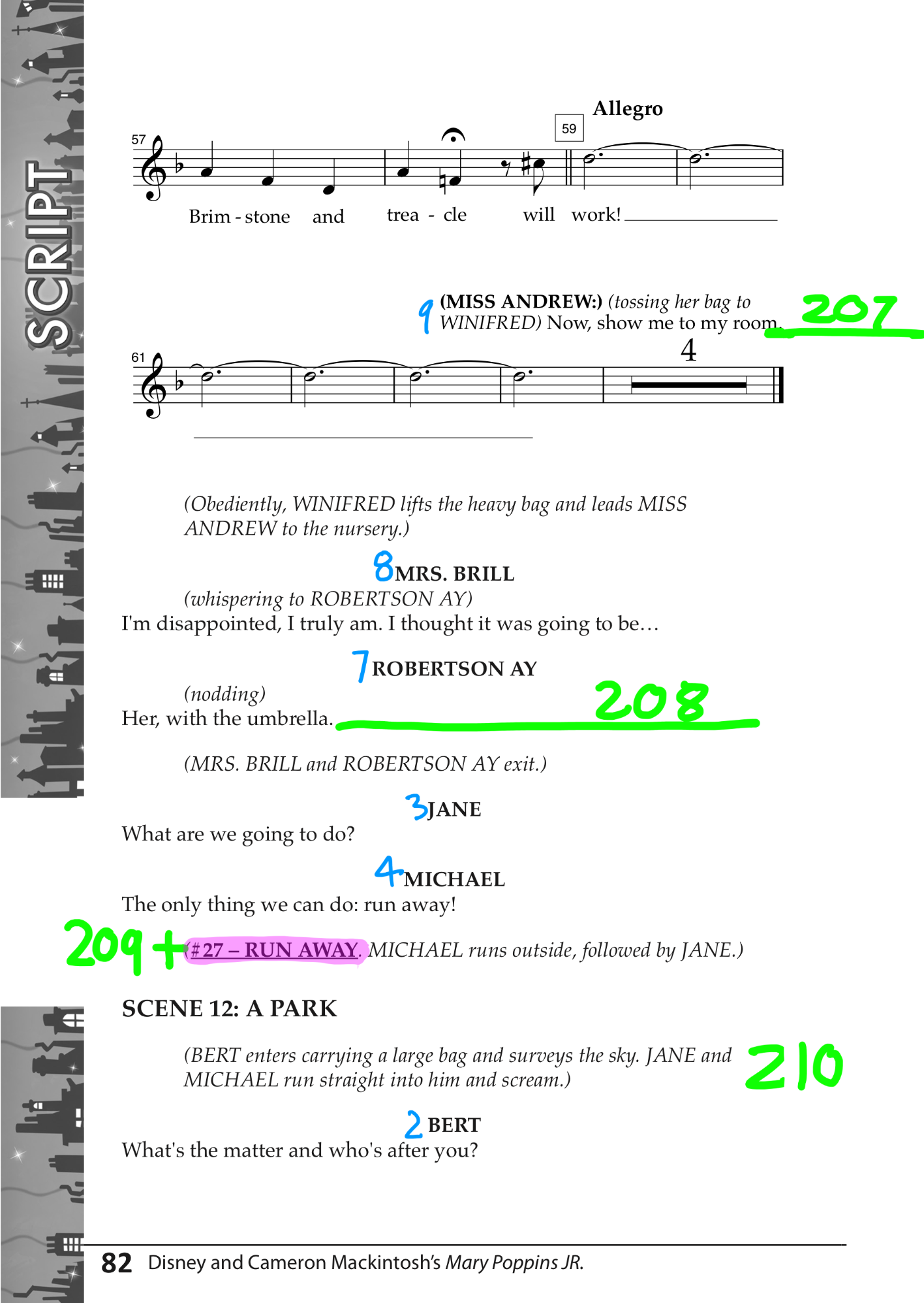 A second page from a script from Mary Poppins Jr., with annotations of cues and microphone numbers.