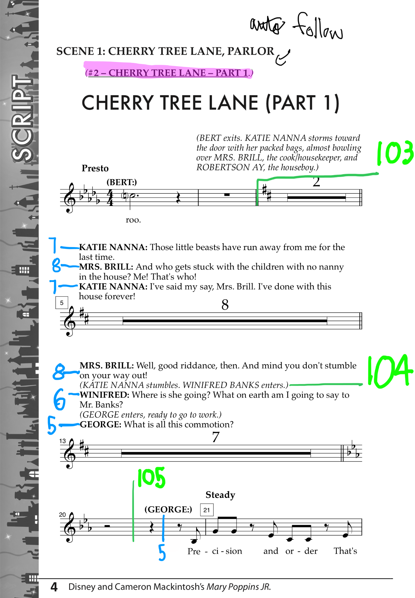 A script from Mary Poppins Jr., with annotations of cues and microphone numbers.