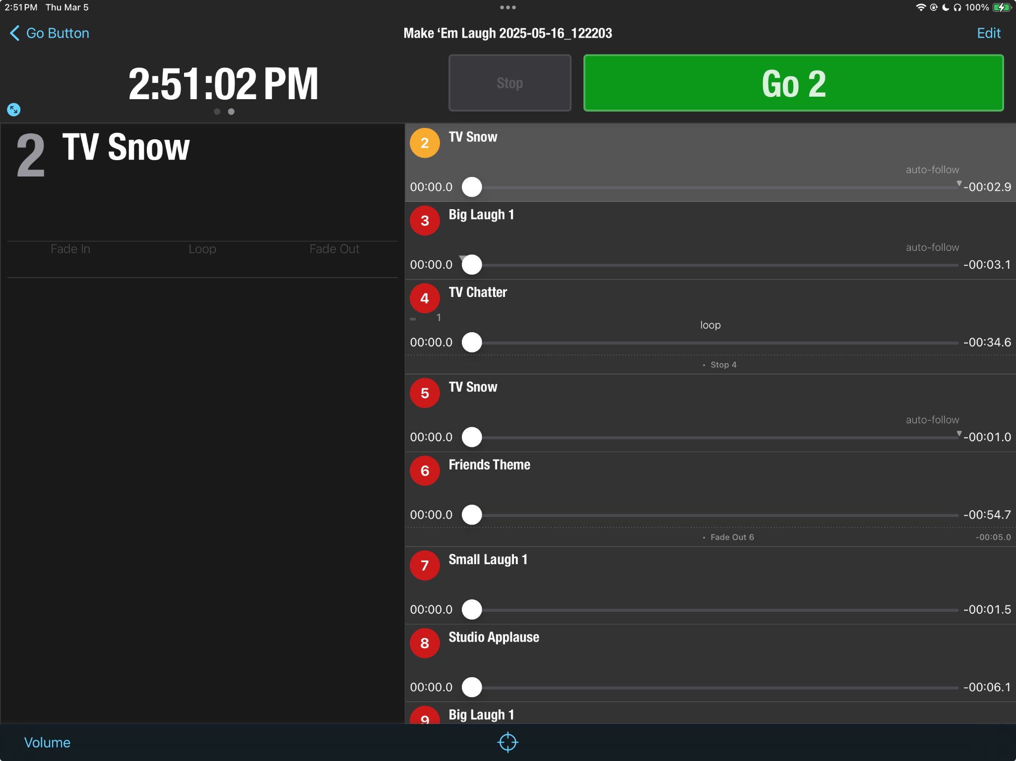 A screenshot of an iPad running Go Button, which has a file loaded containing sound effects for Make 'Em Laugh.