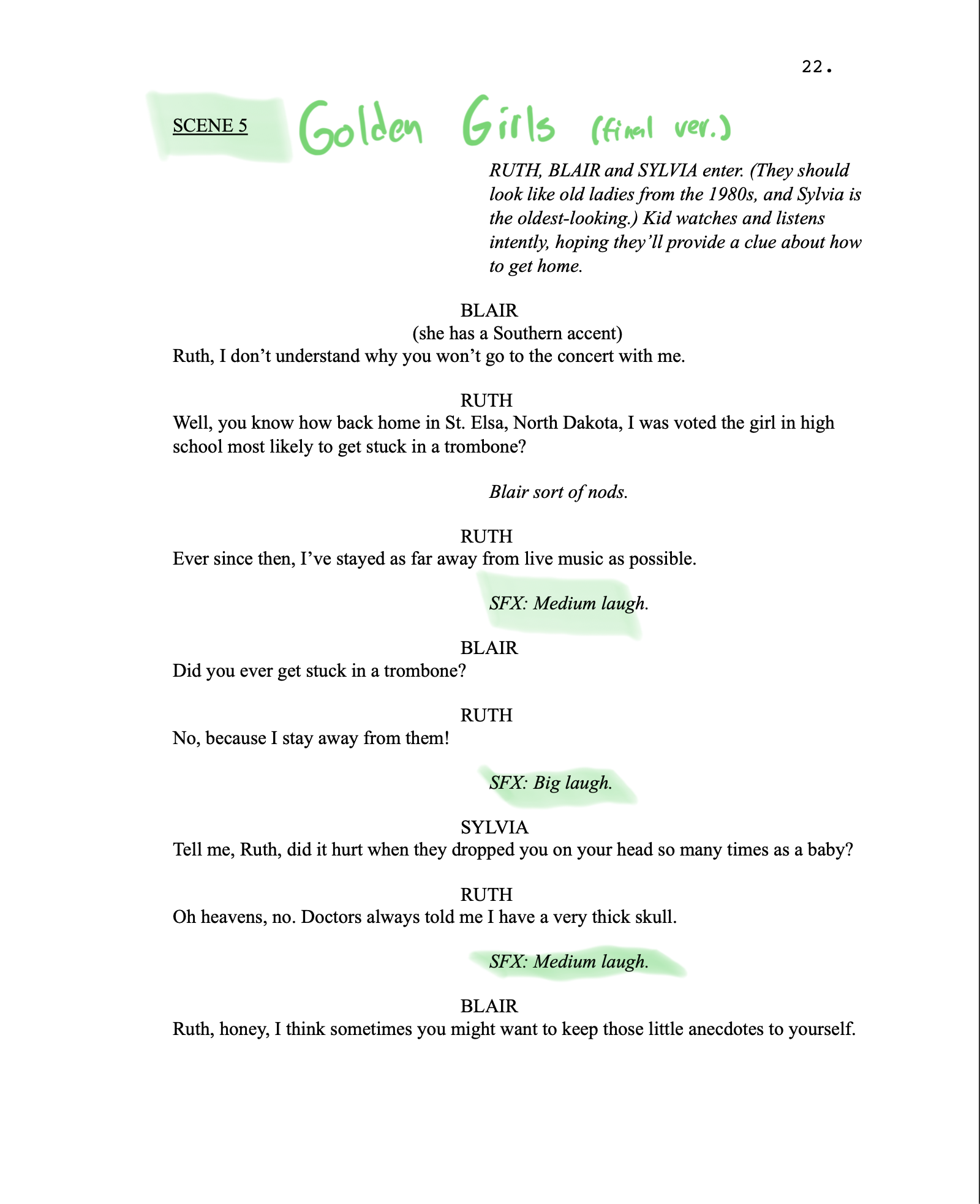 Page two of a script for Make 'Em Laugh, which has various sound cues highlighted.